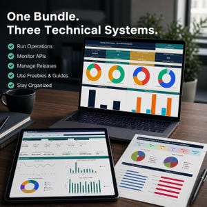 May include: A laptop, tablet, and printed document displaying technical dashboards with charts and graphs. The text reads: One Bundle. Three Technical Systems. Run Operations, Monitor APIs, Manage Releases, Use Freebies & Guides, Stay Organized.