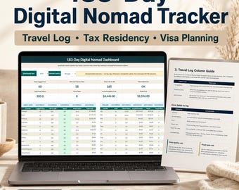 183-Day Tax Residency Tracker Excel | Digital Nomad Travel Log, Visa Planner, Proof of Presence, PDF Guide