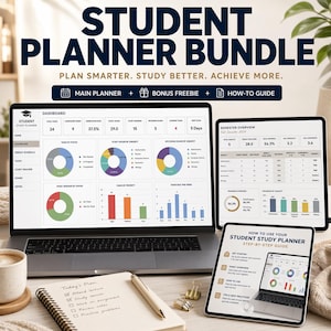 Könnte beinhalten: Ein Student Planner Bundle mit Laptop, Tablet und Notizblock. Der Laptop zeigt ein Dashboard mit Diagrammen und Grafiken. Das Tablet zeigt eine Semesterübersicht. Der Notizblock hat eine To-Do-Liste. Der Text lautet "Student Planner Bundle."