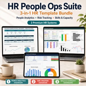 May include: An image showcasing a 3-in-1 HR template bundle, including People Analytics, Risk Tracking, and Skills & Capacity dashboards. The image features two laptops and a tablet displaying data visualizations, with the text "HR People Ops Suite" at the top.