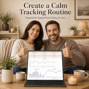 Puede incluir: Un ordenador port&aacute;til que muestra un panel de seguimiento digital con gr&aacute;ficos de datos. La pantalla muestra el texto Create a Calm Tracking Routine, Organized, Supportive & Easy to Use, junto a m&eacute;tricas como Average Weight y Symptom Score.