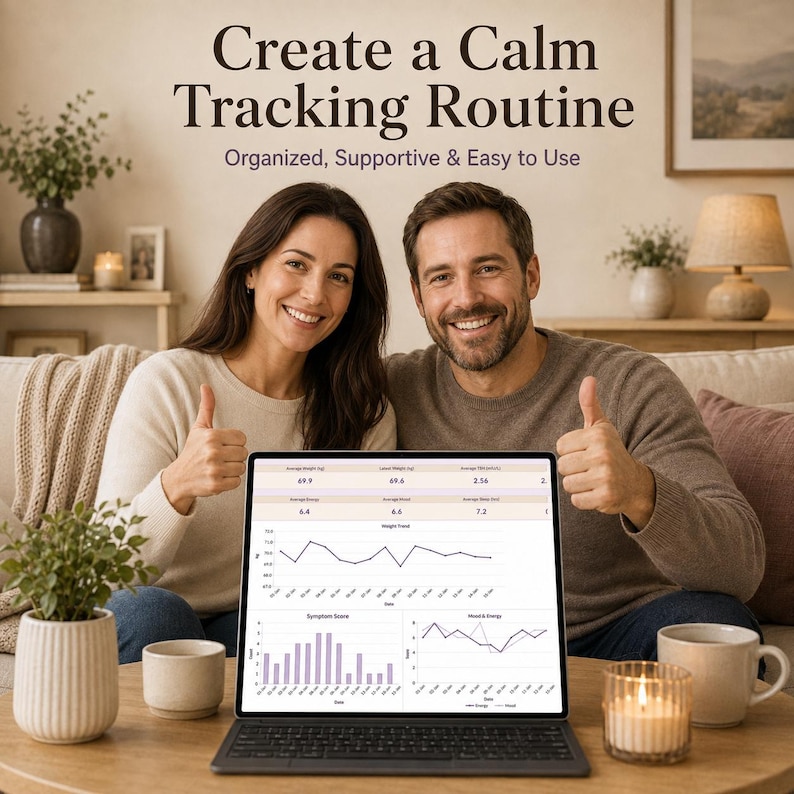 Puede incluir: Un ordenador port&aacute;til que muestra un panel de seguimiento digital con gr&aacute;ficos de datos. La pantalla muestra el texto Create a Calm Tracking Routine, Organized, Supportive & Easy to Use, junto a m&eacute;tricas como Average Weight y Symptom Score.