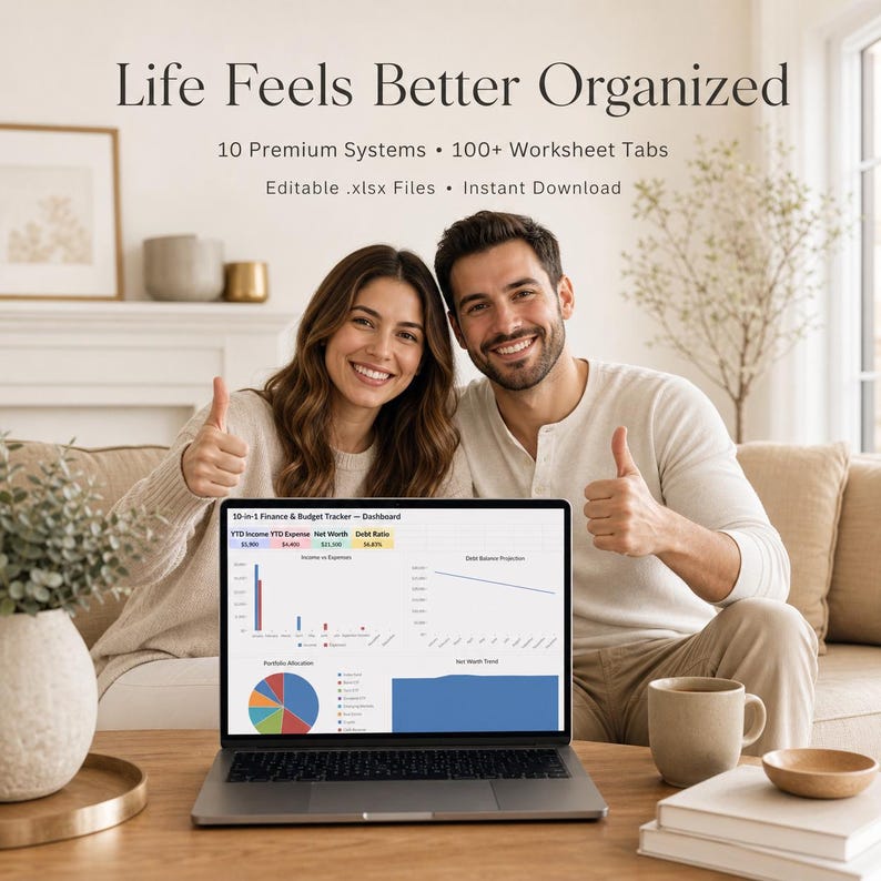 May include: A laptop displaying a finance and budget tracker dashboard is on a wooden table. The screen shows charts and graphs. The text "Life Feels Better Organized" is at the top. A couple smiles and gives a thumbs up. The image also includes a coffee mug and a decorative bowl.