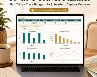 Travel Planner Excel Template | 10-in-1 Trip Tracker with Dashboard, Budget, Packing List & Journal | Google Sheets