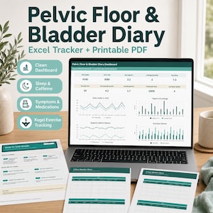 Könnte beinhalten: Ein Laptop zeigt ein "Pelvic Floor & Bladder Diary" Dashboard mit Diagrammen. Dazu gehören Ausdrucke eines "How to Use Guide" und eines 2-Tage-Blasentagebuchs. Symbole für Clean Dashboard, Sleep & Caffeine, Symptoms & Medications und Kegel Exercise Tracking sind ebenfalls zu sehen.