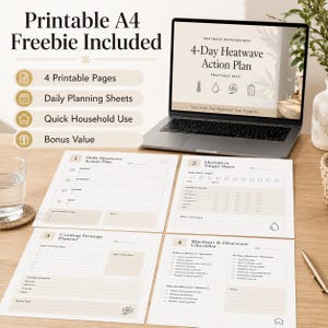May include: A laptop displays a "4-Day Heatwave Action Plan" with printable pages and planning sheets. The image includes a glass of water, a pen, and a vase. The text reads "Printable A4 Freebie Included" and "Quick Household Use."