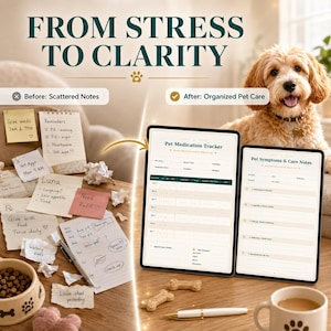 May include: A promotional image with the text "FROM STRESS TO CLARITY." It contrasts scattered notes with organized pet care on tablets. A dog, dog bone treats, and a coffee mug are also in the image.