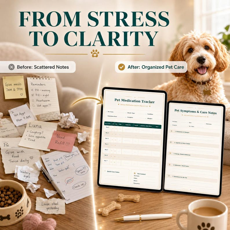 May include: A promotional image with the text "FROM STRESS TO CLARITY." It contrasts scattered notes with organized pet care on tablets. A dog, dog bone treats, and a coffee mug are also in the image.