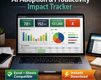 AI Adoption Tracker for Excel | Productivity & ROI Dashboard | AI Usage, Time Savings, Risk Log | Google Sheets Template