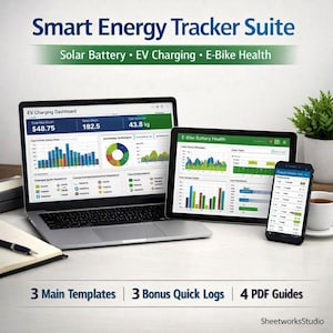 Smart Energy Tracker Suite | Excel & Google Sheets Templates | Solar Battery Tracker, EV Charging Log, E-Bike Battery Health