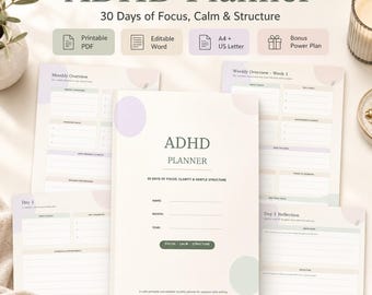 ADHS-Planer als PDF und Word | 30-Tage-Fokus-Tagebuch, zum Ausdrucken und Bearbeiten, Monatsplaner, Wochenplaner, Tagesplaner