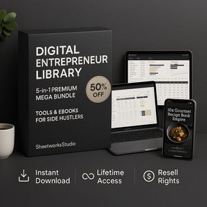 Könnte beinhalten: Ein schwarzes Box-Set mit dem Titel "DIGITAL ENTREPRENEUR LIBRARY" mit "5-in-1 PREMIUM MEGA BUNDLE" und "TOOLS & EBOOKS FOR SIDE HUSTLERS" aufgedruckt. Ein Laptop, Tablet und Smartphone zeigen Geschäftsdaten und ein Kochbuch an. Die Box hat einen 50% Rabatt-Aufkleber.