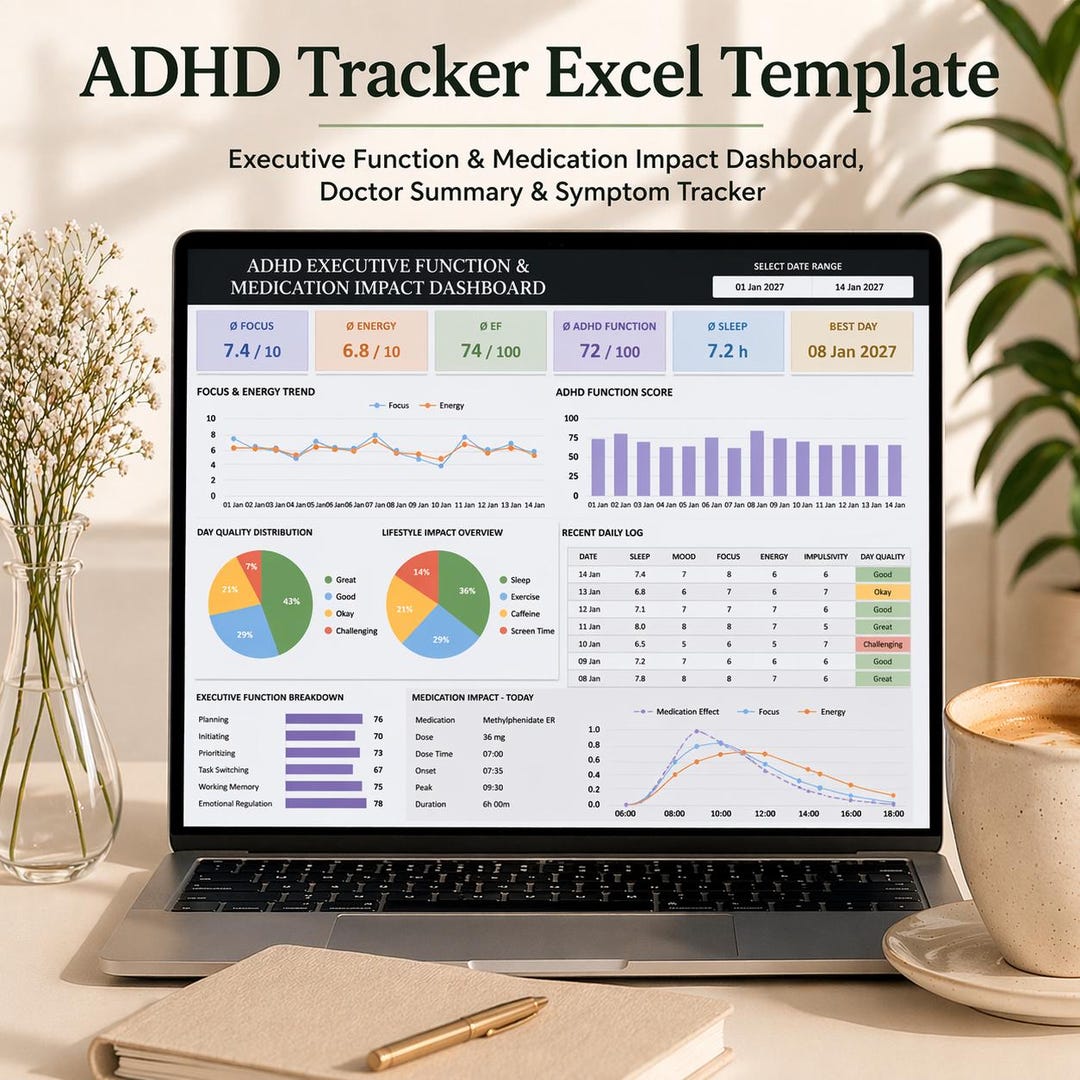 ADHD Tracker Excel Template, Executive Function & Medication Impact ...