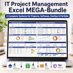 以下が含まれることがあります： ITプロジェクト管理用のExcel MEGA-Bundleを表示するラップトップ。画面には、プロジェクトトラッカーとダッシュボードが表示されています。「4 Complete Systems for Projects, Software, DevOps & Portfolio」というテキストが含まれています。