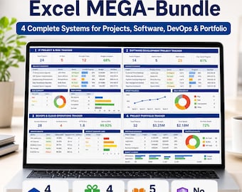 IT Project Management Excel Bundle | PMO Dashboard Tracker, DevOps, Software Projects, Portfolio, Risk & Gantt Template