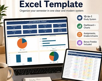 Student Planner Excel Template | 10-in-1 Study Tracker + Bonus | Grades, Exams, Assignments & Semester Organizer