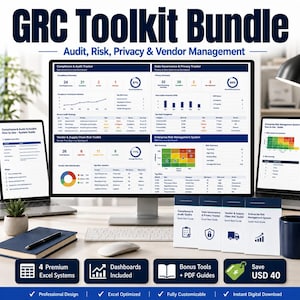 Op de afbeelding: Een advertentie voor een GRC Toolkit Bundle. De afbeelding toont een computermonitor en twee tablets met dashboards en datavisualisaties. Tekst bevat "GRC Toolkit Bundle" en "Audit, Risk, Privacy & Vendor Management".