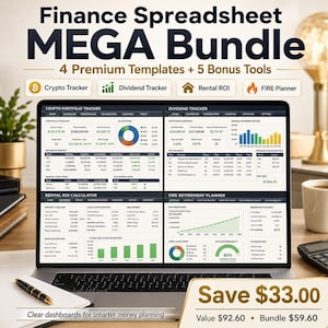 Puede incluir: Un paquete de hojas de cálculo financieras digitales que se muestra en la pantalla de una computadora portátil, con cuatro plantillas: Crypto Portfolio Tracker, Dividend Tracker, Rental ROI Calculator y FIRE Retirement Planner, con gráficos.