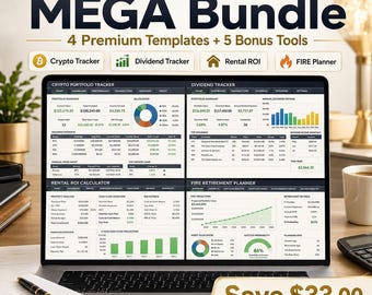 May include: A digital finance spreadsheet bundle displayed on a laptop screen, featuring four templates: Crypto Portfolio Tracker, Dividend Tracker, Rental ROI Calculator, and FIRE Retirement Planner, with charts, tables, and financial data.