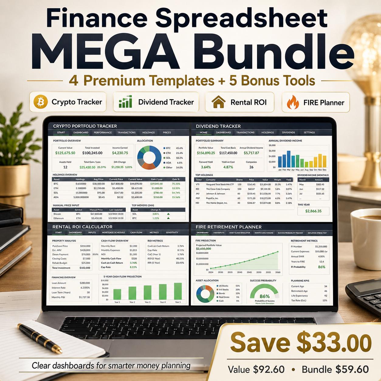 Finance Spreadsheet Mega Bundle 4-in-1 Excel Templates, Google Sheets Compatible Crypto, Dividend, ROI & FIRE Planner