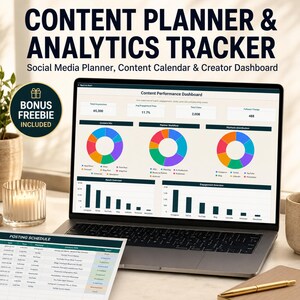 Könnte beinhalten: Ein Laptop zeigt ein Content-Performance-Dashboard mit bunten Ringdiagrammen und Balkengrafiken für Social-Media-Analysen. Ein ausgedruckter Redaktionsplan liegt davor. Text: Content Planner & Analytics Tracker.