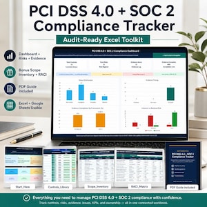 Könnte beinhalten: Ein Laptop zeigt ein Dashboard mit Diagrammen, Teil eines PCI DSS 4.0 + SOC 2 Compliance Trackers. Zusätzliche Bildschirme zeigen Daten, und ein PDF-Leitfaden ist enthalten. Das Toolkit dient zur Verwaltung der Compliance.