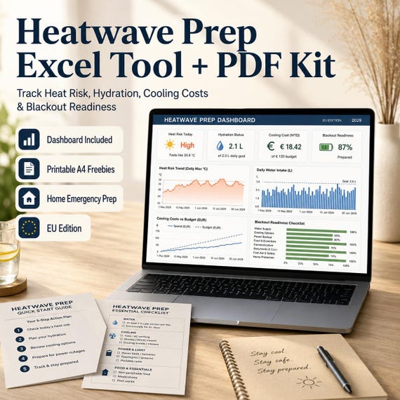 Tool zur Vorbereitung auf Hitzewellen Excel + A4-PDF-Paket | Hitzeindex-Tracker, Trinkplan, Kühlkostenrechner, Blackout-Checkliste EU