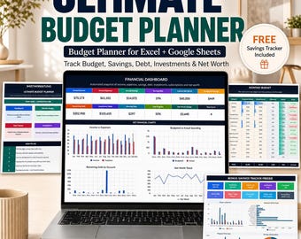 Budget Planner Excel & Google Sheets Template | Personal Finance Tracker, Savings Goals, Debt Payoff, Investments and Net Worth