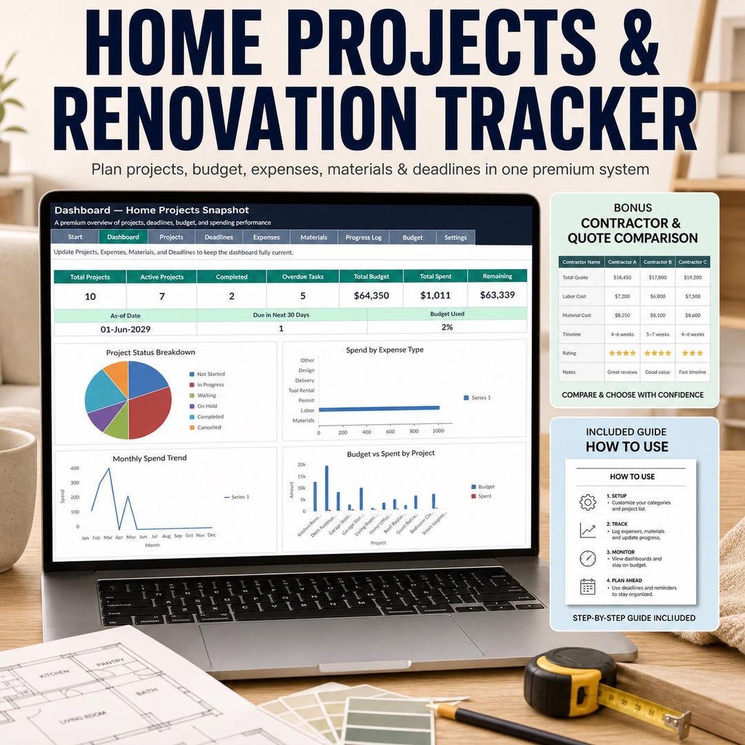 Home Renovation Planner Excel | Renovation Tracker With Budget ...