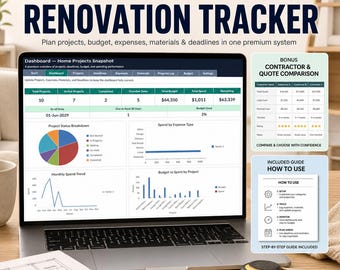May include: A laptop displaying a home renovation tracker with charts and data. The screen shows project details, budget, and expenses. A bonus contractor comparison and a how-to guide are also visible. A measuring tape and pencil are in the foreground.