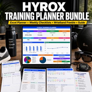 Modello Excel per la pianificazione dell'allenamento HYROX | Compatibile con Google Sheets | Piano settimanale, lista di controllo per la gara e braccialetto omaggio