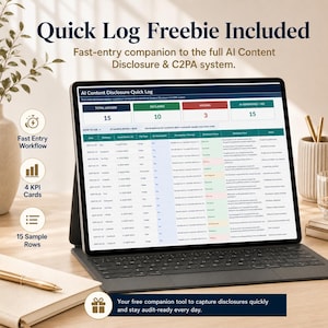 K&ouml;nnte beinhalten: Ein digitales Tablet zeigt eine AI Content Disclosure Quick Log Tabelle mit vier KPI-Karten oben, die Summen f&uuml;r protokollierte, deklarierte, fehlende und KI-generierte Elemente anzeigen. Der Bildschirm enth&auml;lt eine Tabelle mit Spalten f&uuml;r Datum, Plattform, Asset-Name, Dateityp, KI-Status, Beschreibung, Offenlegungsstatus, Offenlegungstext und Notizen.