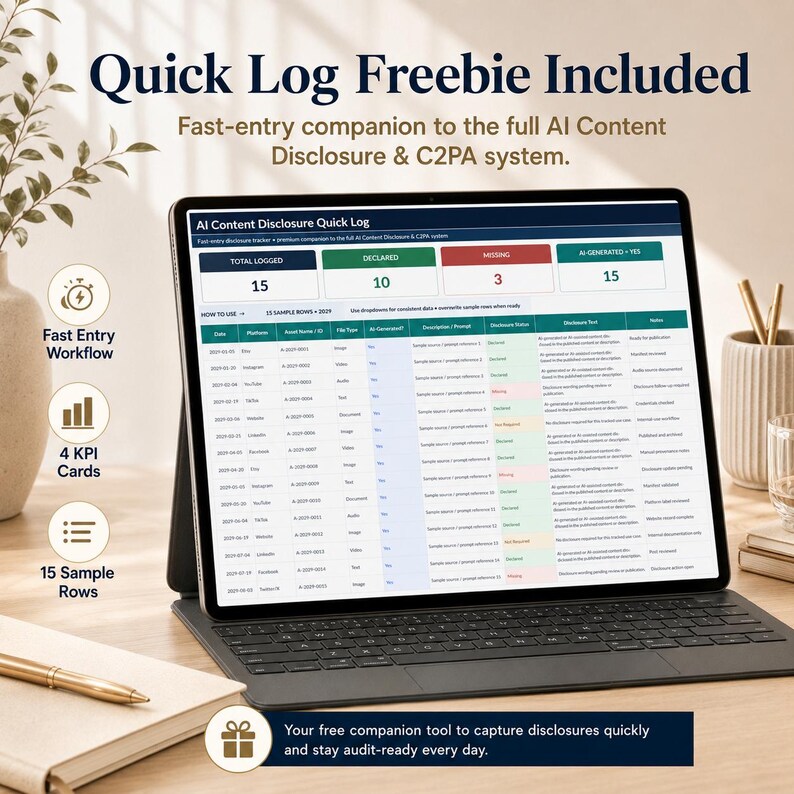 K&ouml;nnte beinhalten: Ein digitales Tablet zeigt eine AI Content Disclosure Quick Log Tabelle mit vier KPI-Karten oben, die Summen f&uuml;r protokollierte, deklarierte, fehlende und KI-generierte Elemente anzeigen. Der Bildschirm enth&auml;lt eine Tabelle mit Spalten f&uuml;r Datum, Plattform, Asset-Name, Dateityp, KI-Status, Beschreibung, Offenlegungsstatus, Offenlegungstext und Notizen.