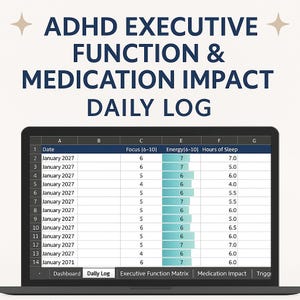 May include: A laptop screen displaying a daily log titled "ADHD Executive Function & Medication Impact." The log includes columns for date, focus, energy, and hours of sleep, with data entries for January 2027 and 2071.