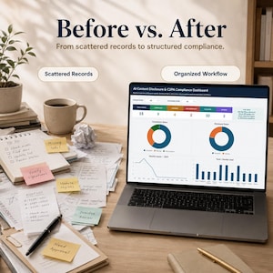 K&ouml;nnte beinhalten: Ein Laptop zeigt ein AI Content Disclosure & C2PA Compliance Dashboard mit Diagrammen und Daten, platziert auf einem unordentlichen Schreibtisch mit verstreuten Papieren, handschriftlichen Notizzetteln, einem Stift und einer Keramiktasse.