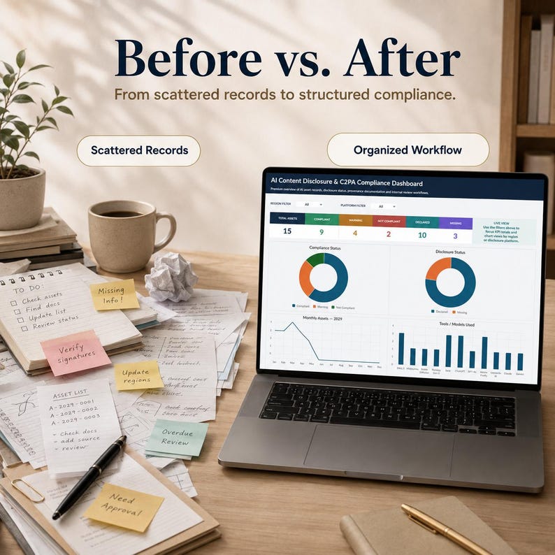 K&ouml;nnte beinhalten: Ein Laptop zeigt ein AI Content Disclosure & C2PA Compliance Dashboard mit Diagrammen und Daten, platziert auf einem unordentlichen Schreibtisch mit verstreuten Papieren, handschriftlichen Notizzetteln, einem Stift und einer Keramiktasse.