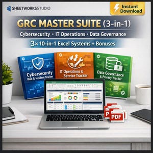 GRC Bundle Cybersecurity IT Service Data Governance | 3× 10-in-1 Excel Vorlagen | Risiko, SLA, Compliance, Dashboard Suite