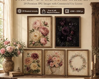 20 Vintage Botanical JPG Images with Commercial License | Floral Art for Posters, POD, Cards & Physical Products