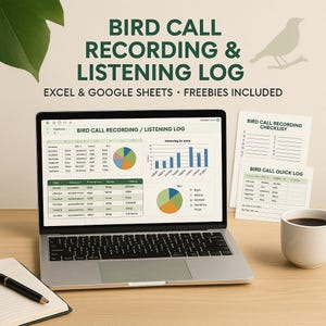 May include: A laptop displaying a "Bird Call Recording & Listening Log" spreadsheet, with charts and data. Accompanying papers include a checklist and quick log. A notebook, pen, and coffee cup are also present. The text reads "Excel & Google Sheets • Freebies Included."