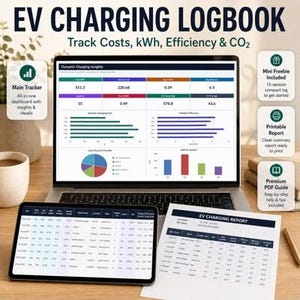 EV Charging Logbook Excel & Google Sheets | Charging Cost Tracker, kWh, Efficiency, CO2 Dashboard and Printable Report