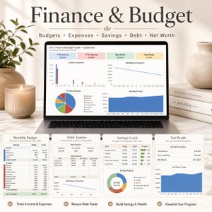 May include: A laptop displays a finance and budget dashboard with charts and graphs. The title "Finance & Budget" is at the top. Below are sections for budgets, expenses, savings, debt, and net worth. The image includes a candle and decorative vases.