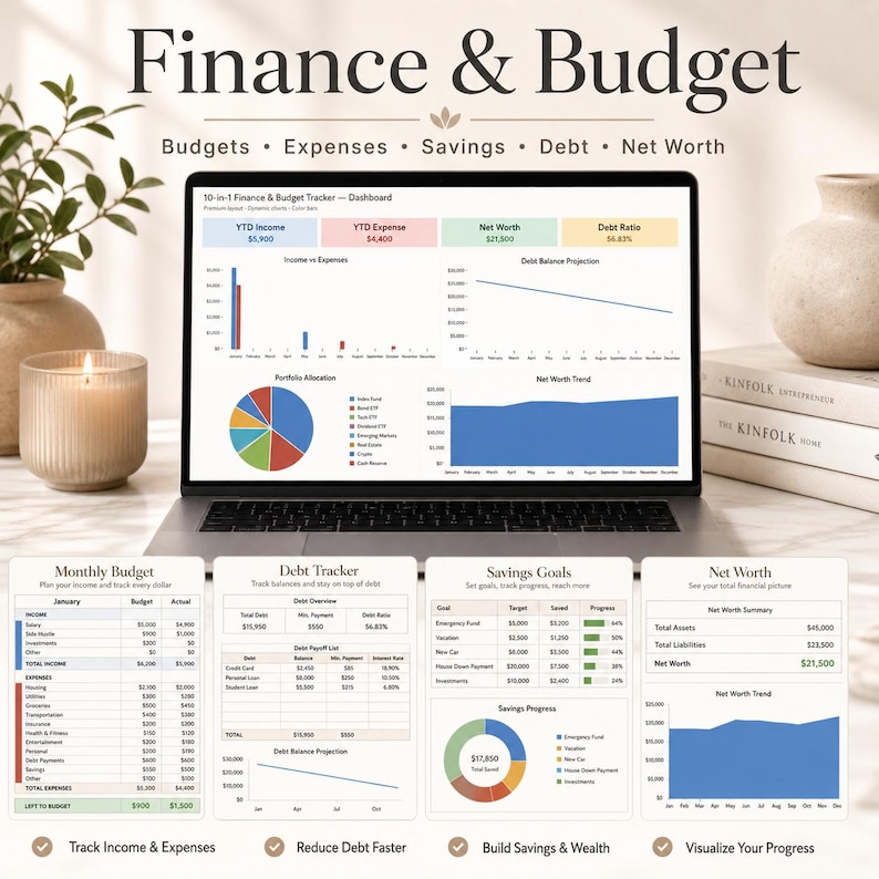 May include: A laptop displays a finance and budget dashboard with charts and graphs. The title "Finance & Budget" is at the top. Below are sections for budgets, expenses, savings, debt, and net worth. The image includes a candle and decorative vases.