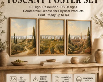 Tuscany Poster Set with Commercial License | 10 High-Resolution JPGs up to A3 | Vineyards, Siena, Cypress Road & Italy Landscapes