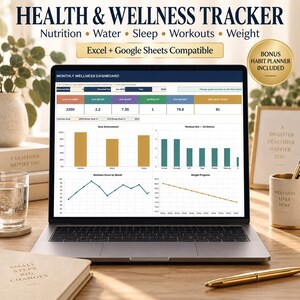 Health & Wellness Tracker Excel + Google Sheets | Fitness, Nutrition, Water, Sleep, Workout and Weight Planner | Habit Bonus