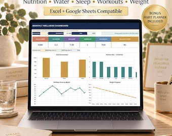 May include: A laptop displaying a digital health and wellness tracker dashboard with charts for nutrition, water, sleep, workouts, and weight. The screen shows text including HEALTH & WELLNESS TRACKER, Excel + Google Sheets Compatible, and a bonus habit planner badge.
