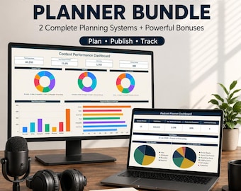 Pack 2-en-1 de planification de contenu et de podcasts pour Excel | Calendrier de contenu pour les réseaux sociaux, calendrier éditorial de podcasts, tableau de bord + modèles bonus