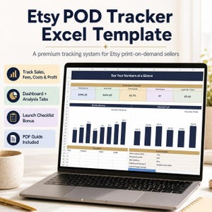 Könnte beinhalten: Ein Laptop-Bildschirm zeigt eine Etsy POD Tracker Excel-Vorlage mit einer Leistungsübersicht, Balkendiagrammen für monatliche Einnahmen und Gewinne sowie einer Tabelle der meistverkauften Produkte zur Verfolgung von Kosten und Erträgen.