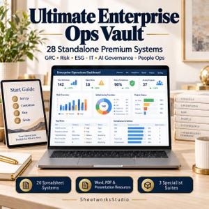 May include: A laptop displaying an Enterprise Operations Dashboard with data charts, next to a tablet showing a Start Guide. Text reads Ultimate Enterprise Ops Vault, 28 Standalone Premium Systems, GRC, Risk, ESG, IT, AI Governance, People Ops, SheetworksStudio.