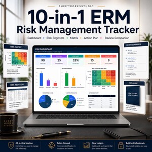 10-in-1 ERM Risk Management Tracker + Home Navigation | Excel Template + Dashboard | Risk Register, Matrix, Action Plan & Reporting