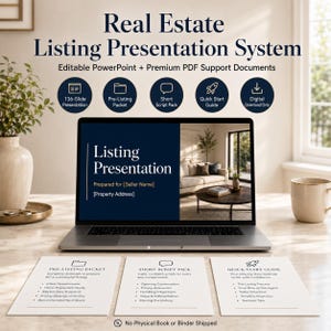 May include: A real estate listing presentation system featuring a laptop displaying a 136-slide presentation, a pre-listing packet, a short script pack, and a quick start guide. The digital download includes editable PowerPoint and PDF documents.